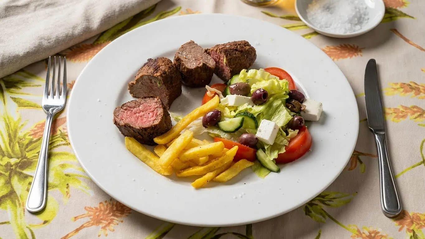 Beef fillet with chips and salad