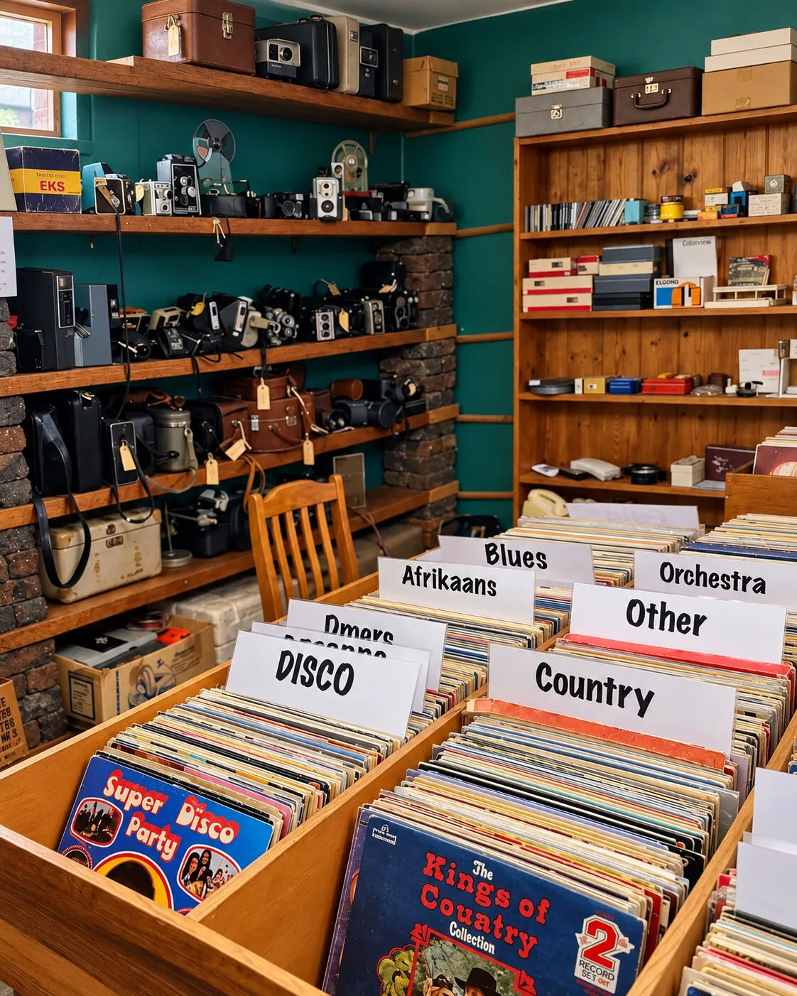 Labelled crates of vinyl records
