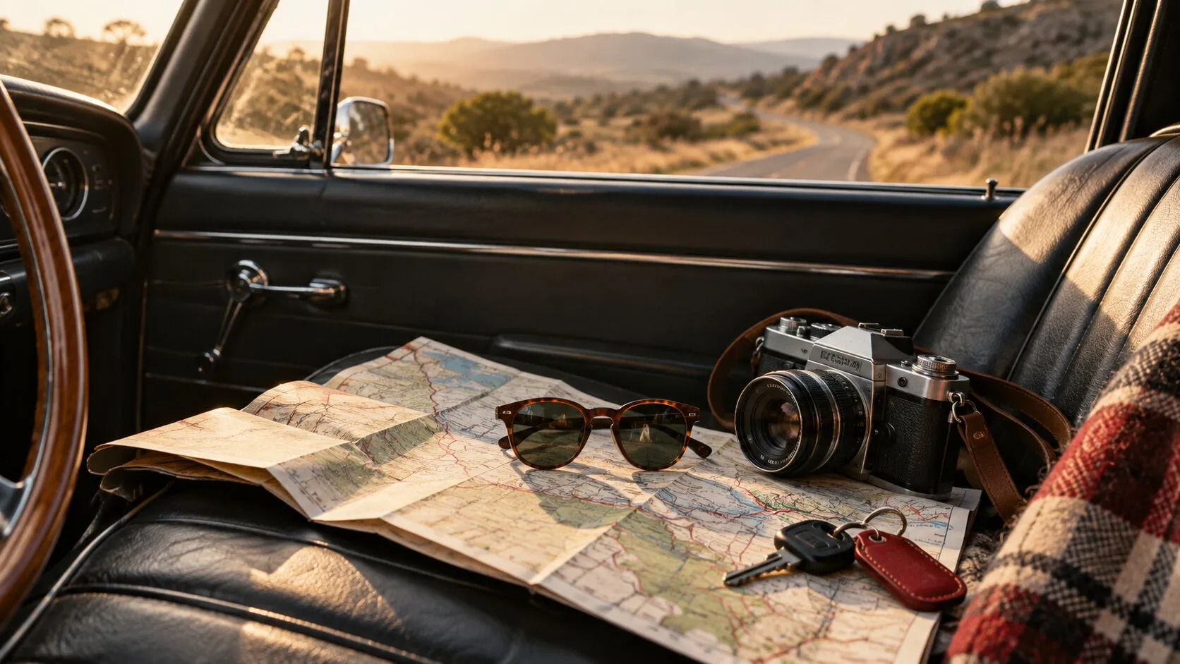 Road map, sunglasses and a camera on the seat of a car on a country road