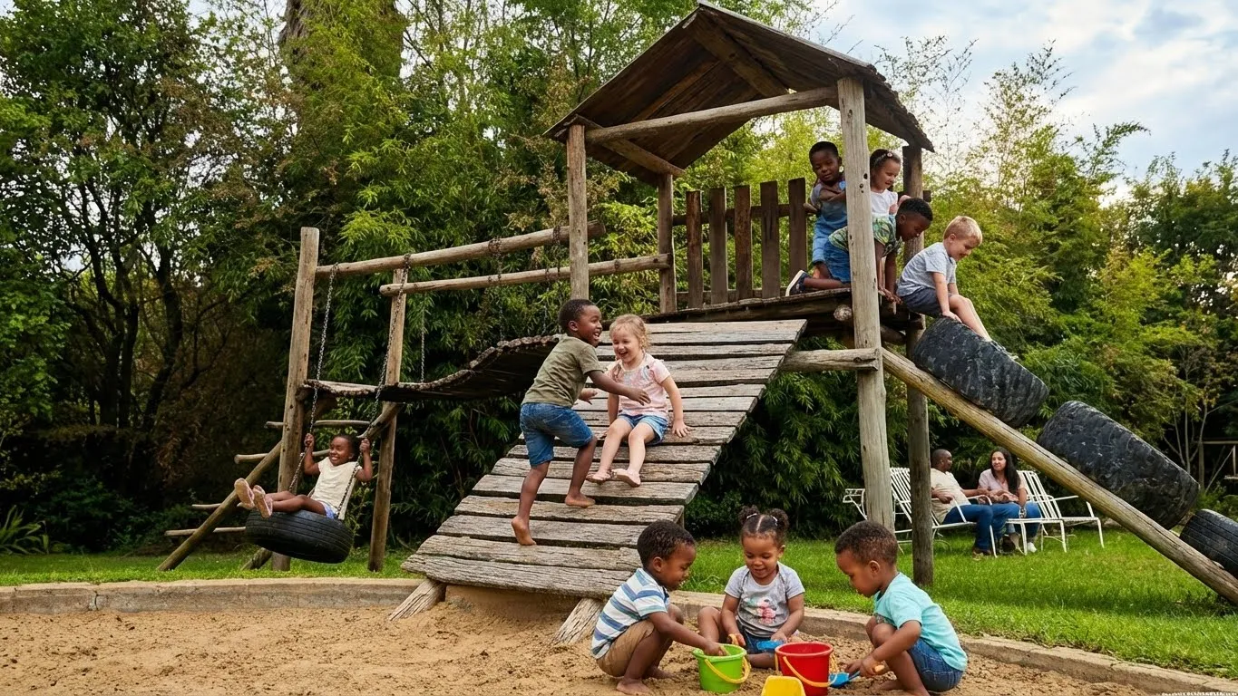 Children playing on the outdoor jungle gym