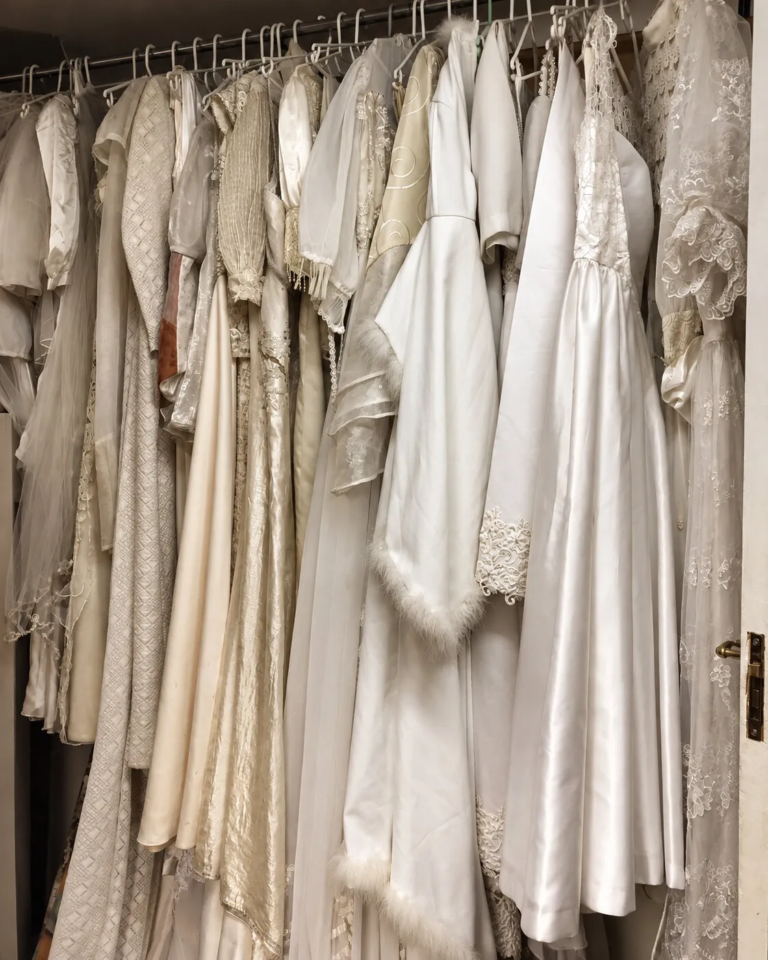 Rail of vintage white dresses and lace