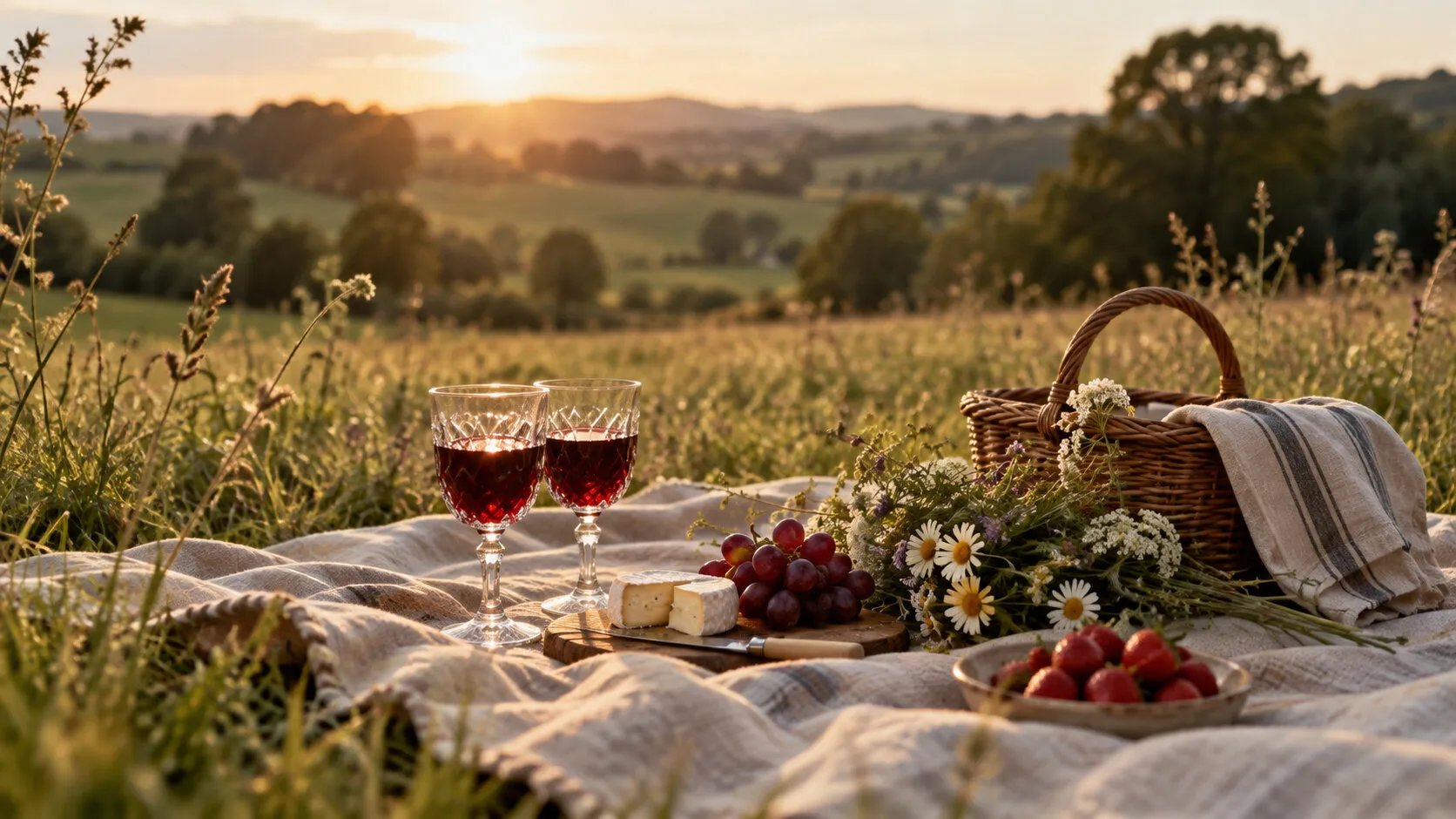 Picnic with red wine and fruit on a blanket in a field at sunset