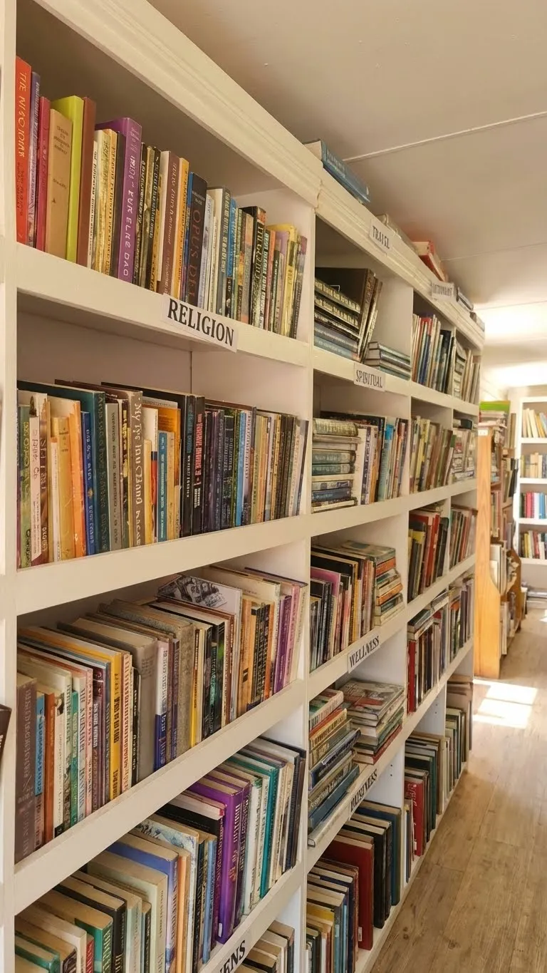 Aisle of labelled bookshelves