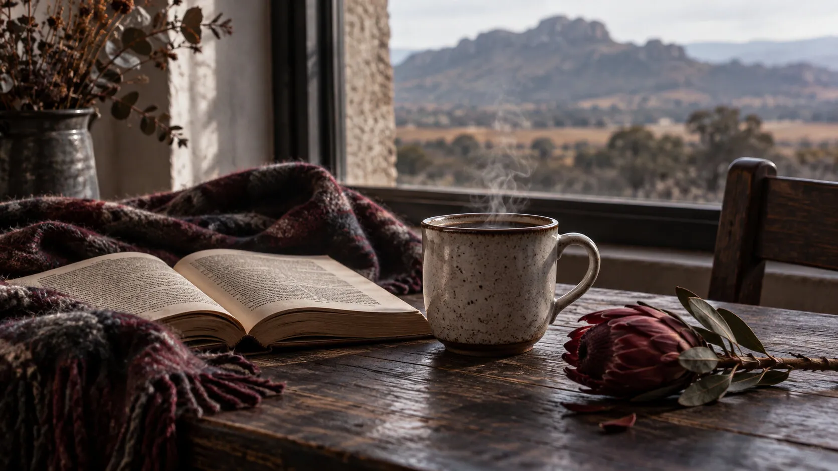 Coffee, an open book and a blanket by a window looking out over winter mountains